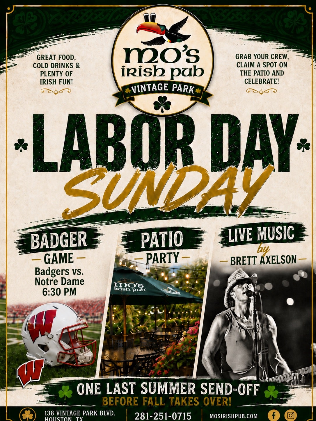 Labor Day Sunday at Mo's Irish Pub Vintage Park with the Badgers vs Notre Dame game, patio party and live music by Brett Axelson, Sunday September 6