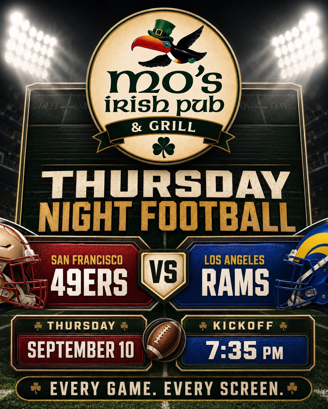 Thursday Night Football watch party for 49ers vs Rams at Mo's Irish Pub Vintage Park in Houston, Thursday September 10, kickoff 7:35 PM
