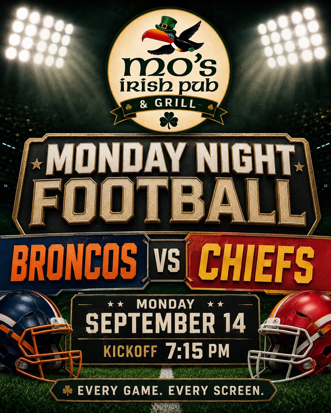 Monday Night Football watch party for Broncos vs Chiefs at Mo's Irish Pub Vintage Park in Houston, Monday September 14, kickoff 7:15 PM