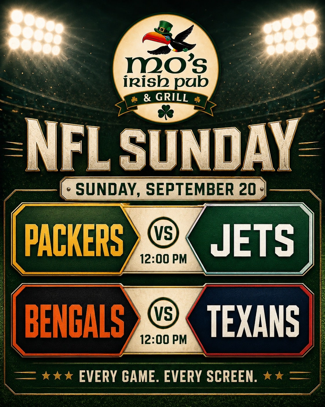 NFL Sunday at Mo's Irish Pub Vintage Park in Houston, Packers vs Jets and Bengals vs Texans, both kicking off at 12:00 PM on Sunday September 20