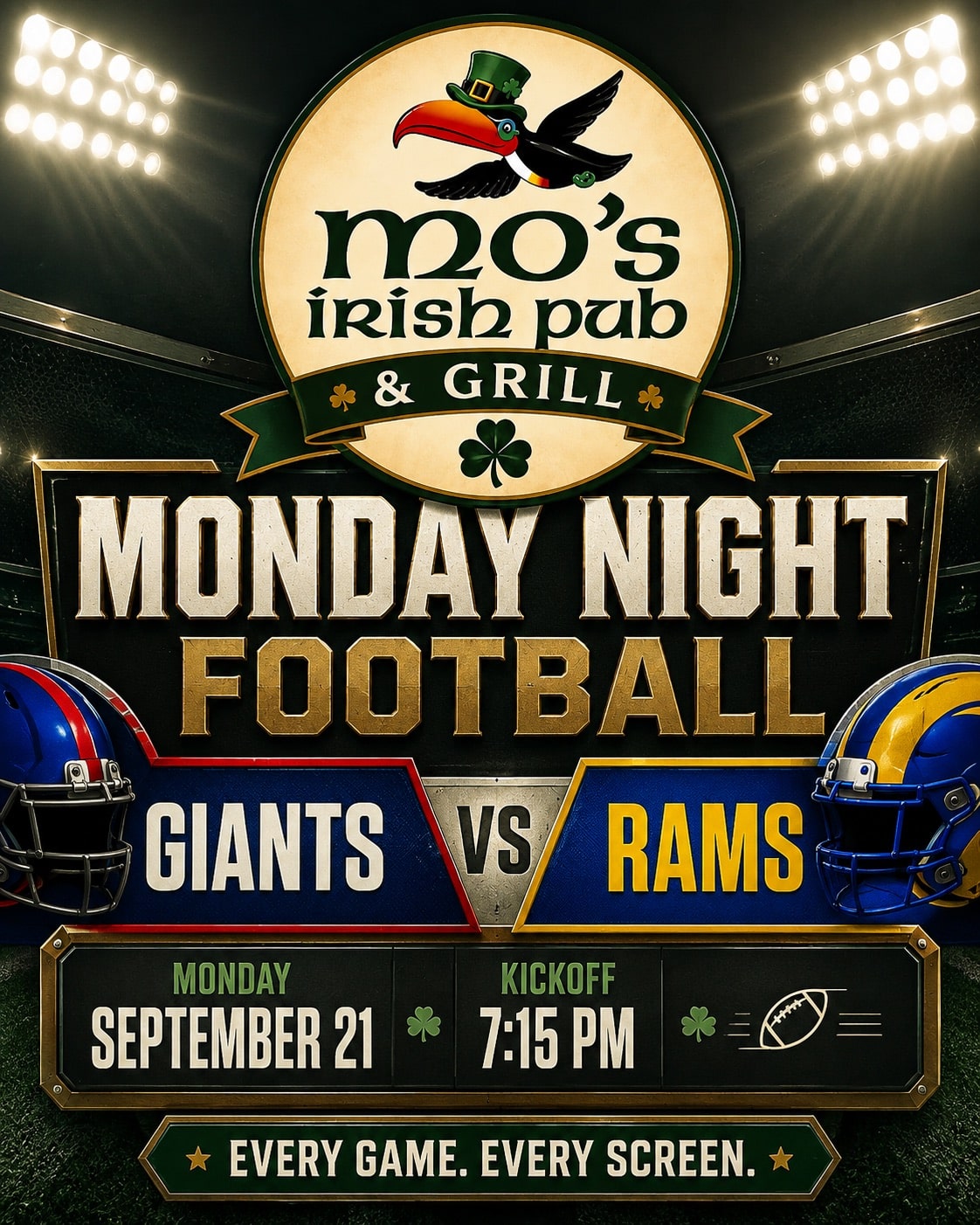 Monday Night Football watch party for Giants vs Rams at Mo's Irish Pub Vintage Park in Houston, Monday September 21, kickoff 7:15 PM