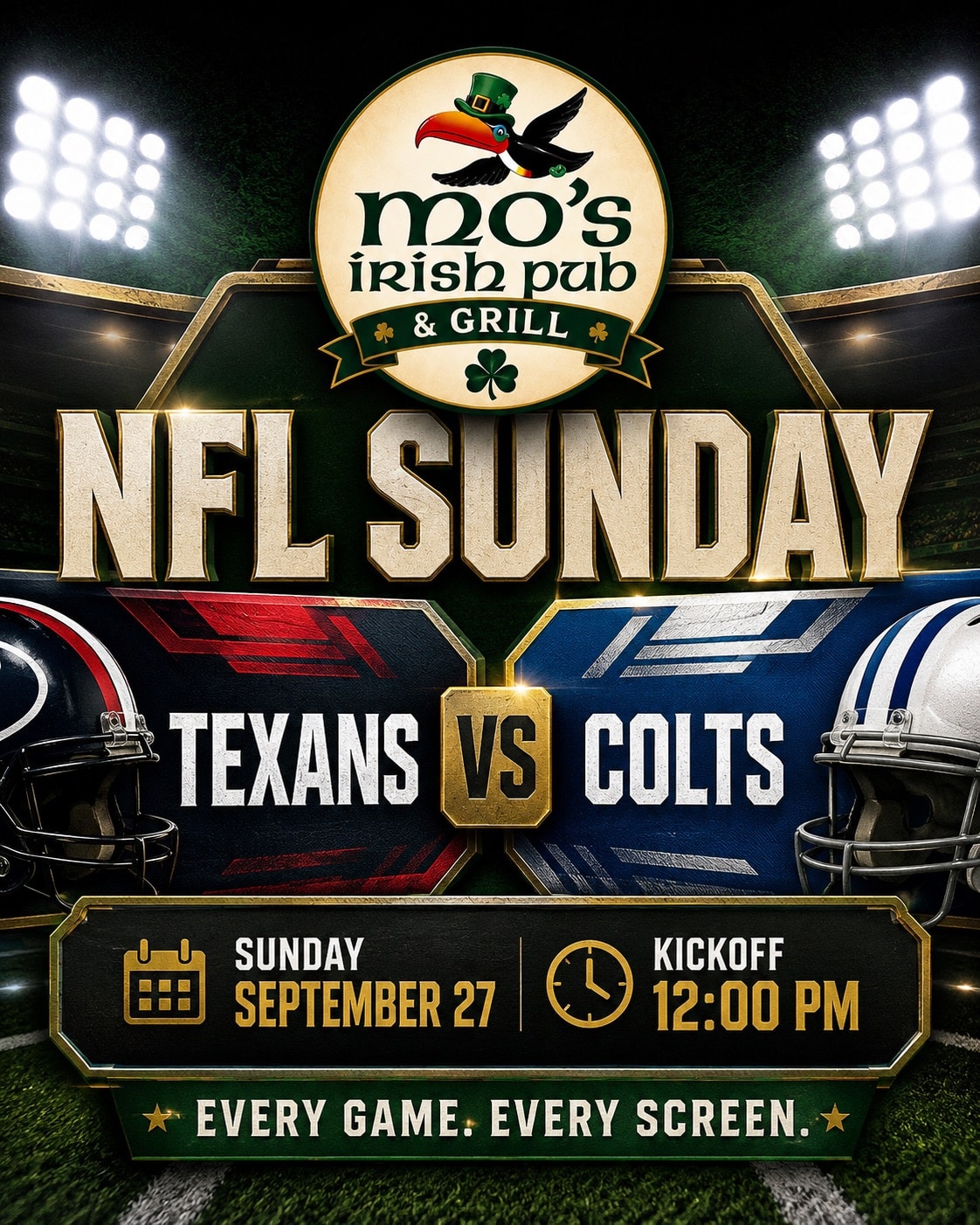 NFL Sunday watch party for Texans vs Colts at Mo's Irish Pub Vintage Park in Houston, Sunday September 27, kickoff 12:00 PM