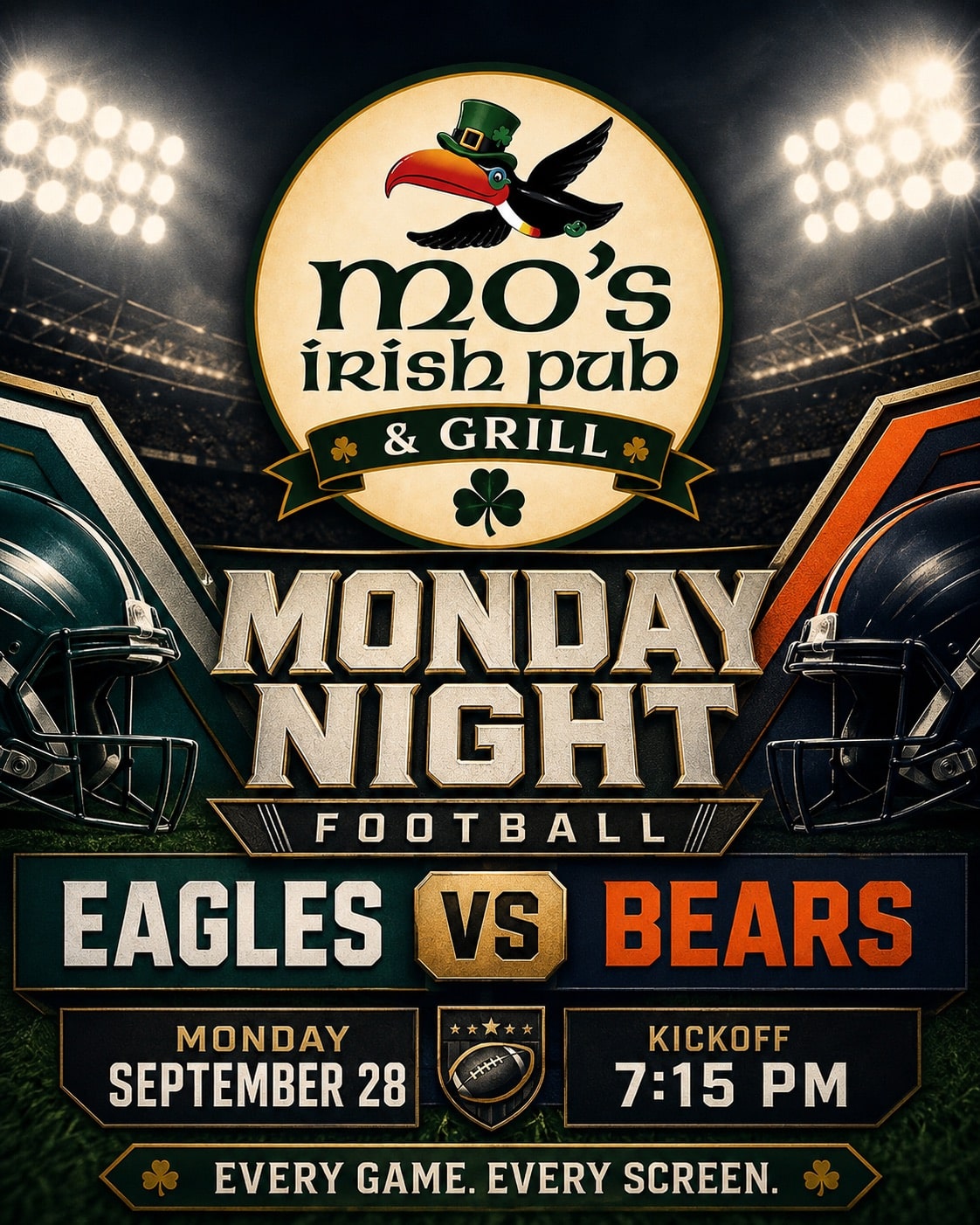 Monday Night Football watch party for Eagles vs Bears at Mo's Irish Pub Vintage Park in Houston, Monday September 28, kickoff 7:15 PM