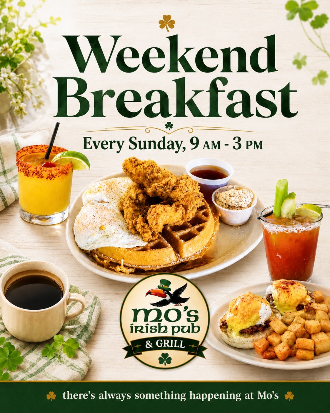 Sunday brunch at Mo's Irish Pub Vintage Park in Houston, served every Sunday from 9 AM to 3 PM, with chicken and waffles, eggs Benedict, bloody marys and mimosas