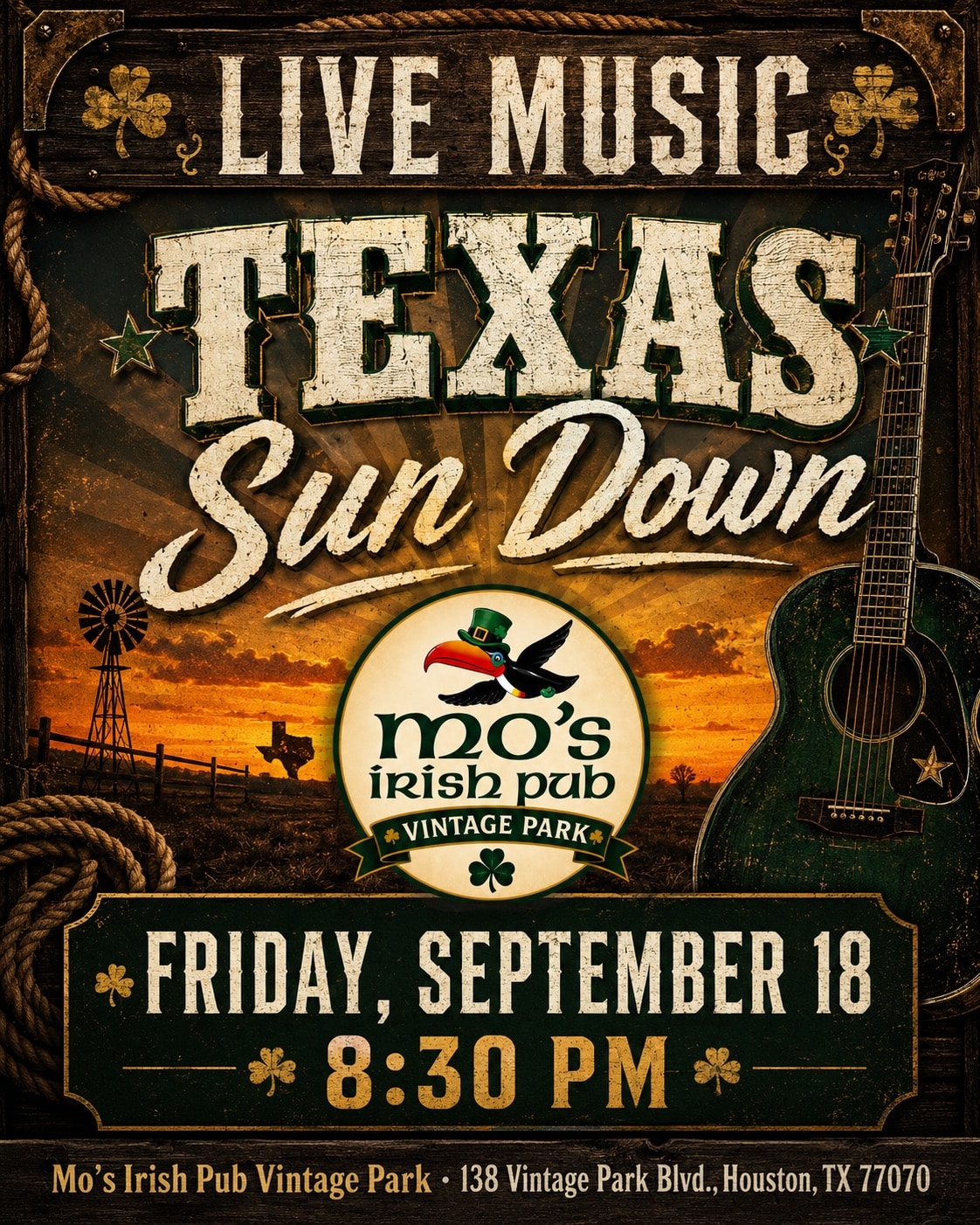 Texas Sun Down live at Mo's Irish Pub Vintage Park, Friday September 18
