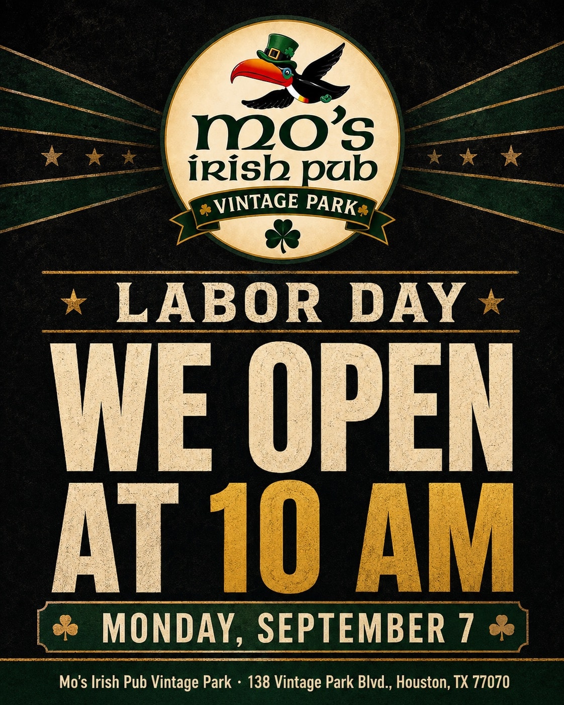 Mo's Irish Pub Vintage Park opens at 10am on Labor Day, Monday September 7