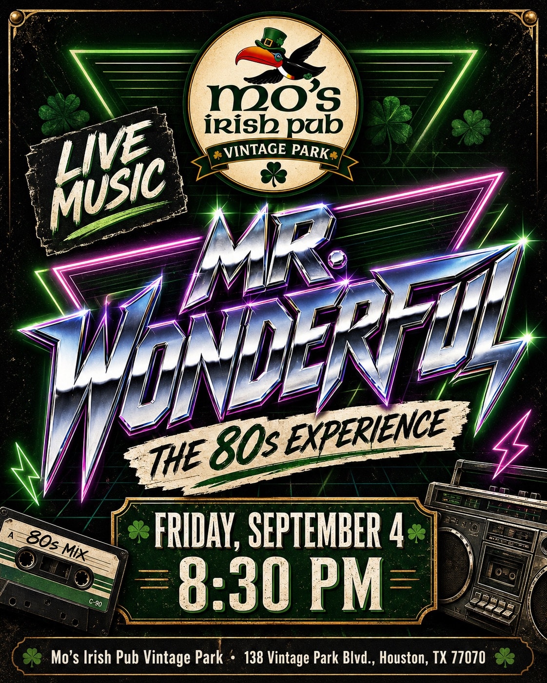 Mr. Wonderful The 80s Experience live at Mo's Irish Pub Vintage Park, Friday September 4