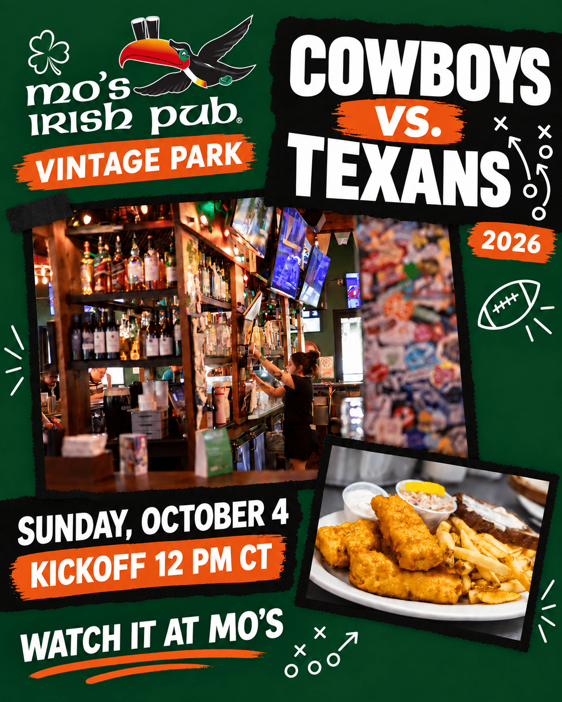 Cowboys vs. Texans at Mo’s Irish Pub Vintage Park, Sunday October 4, 2026. Kickoff at noon Central.