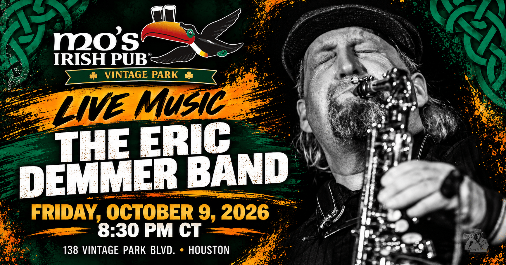 The Eric Demmer Band live at Mo's Irish Pub Vintage Park, Friday October 9, 2026 at 8:30 PM CT.