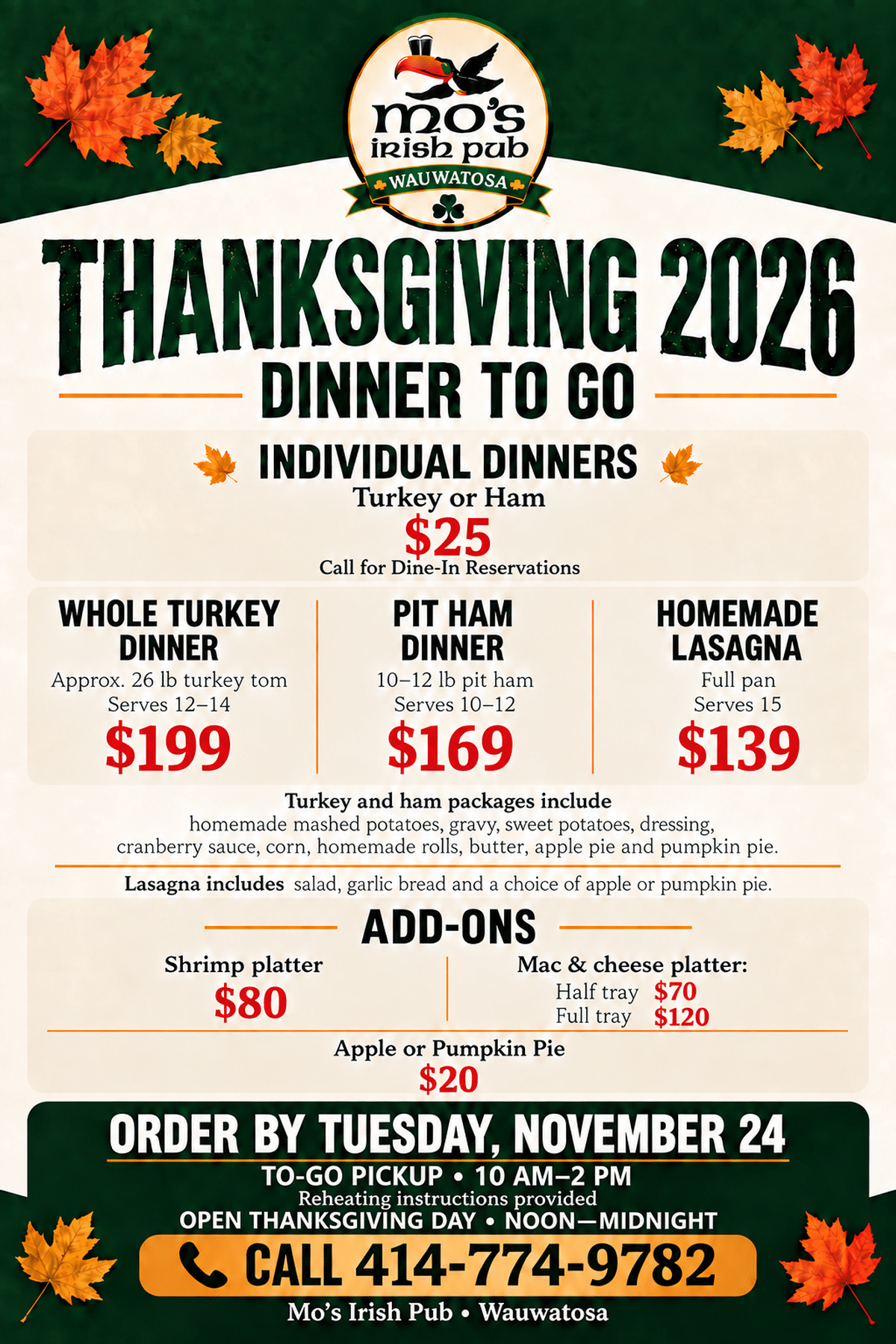 Mo’s Irish Pub Wauwatosa Thanksgiving 2026 dinner to go menu, prices, ordering deadline, pickup hours, and phone number