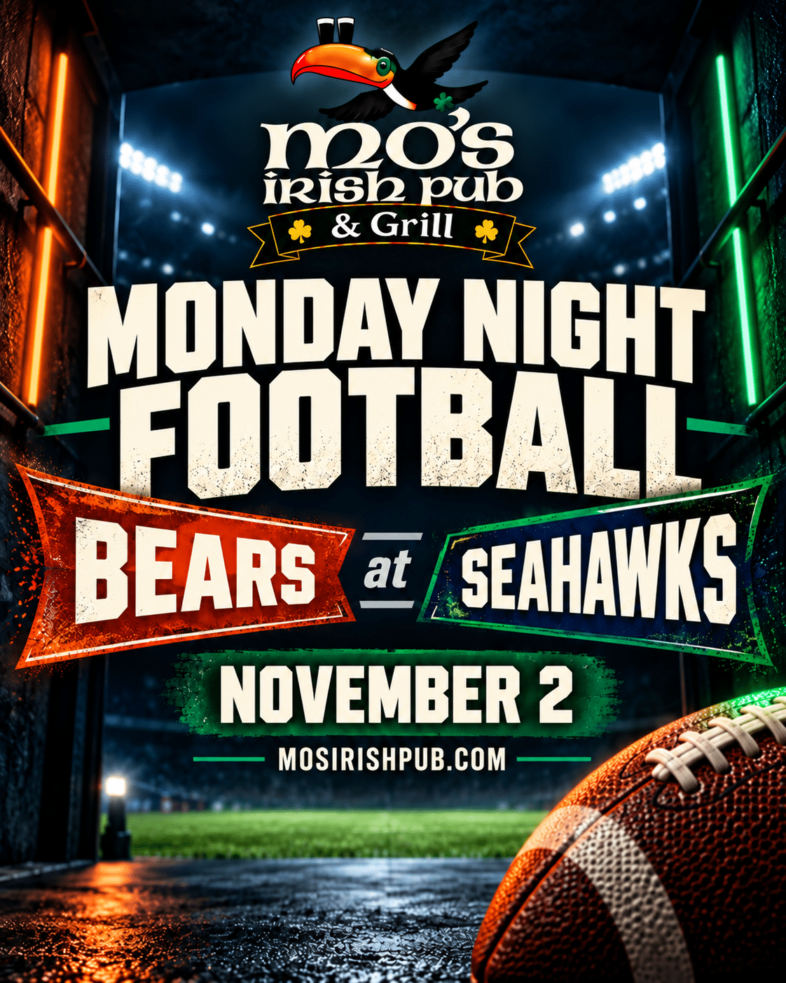 Monday Night Football, Bears at Seahawks, November 2 at Mo's Irish Pub.